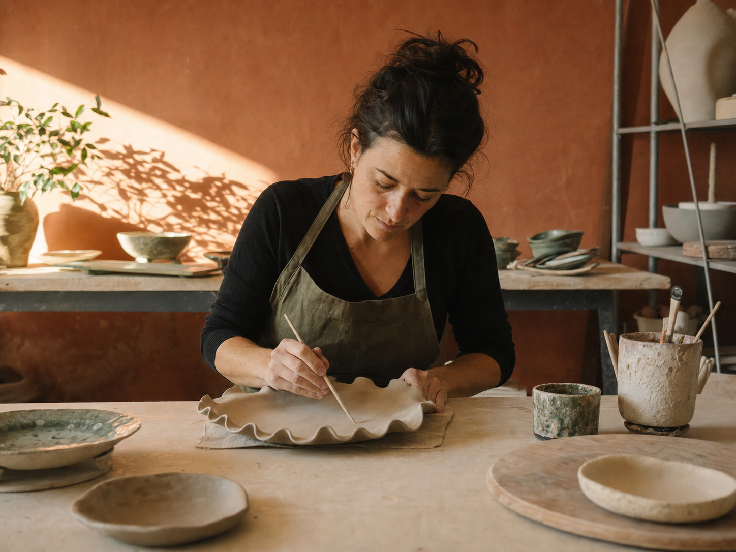 Artigiana della ceramica nel suo laboratorio